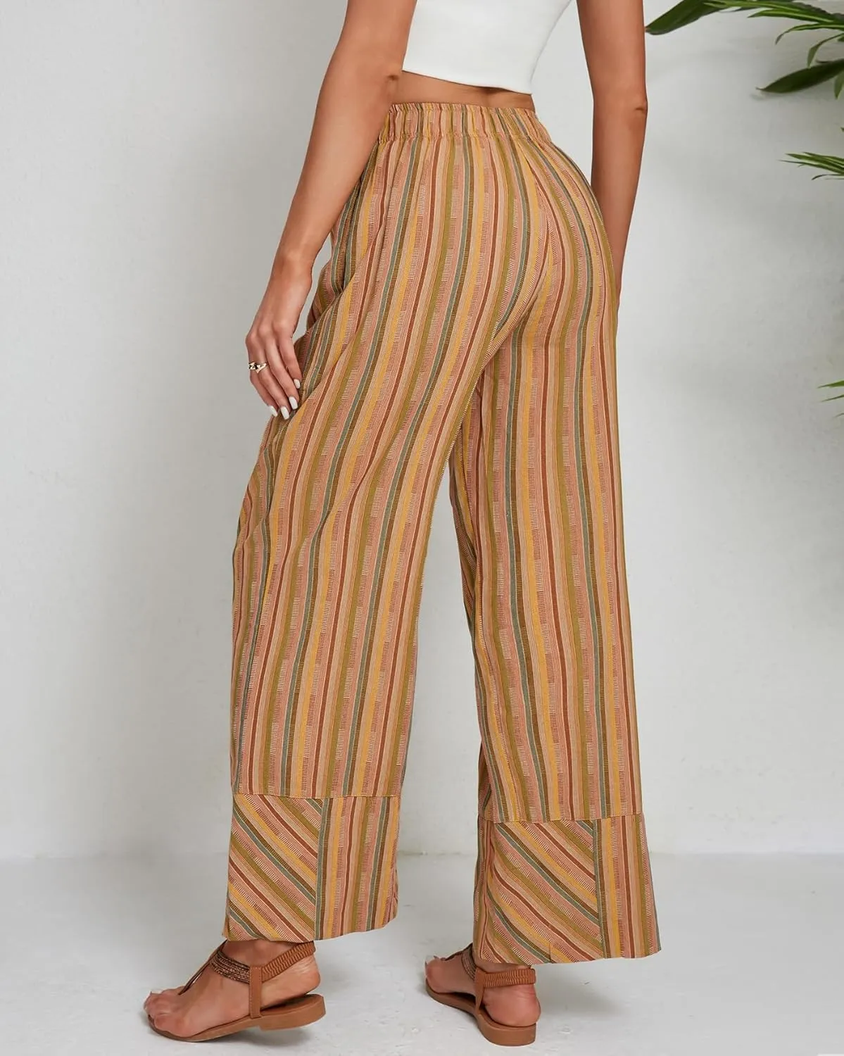Striped Palazzo Pants for Women Summer Casual Elastic High Waisted Wide Leg Beach Pants Travel Vacation Outfits