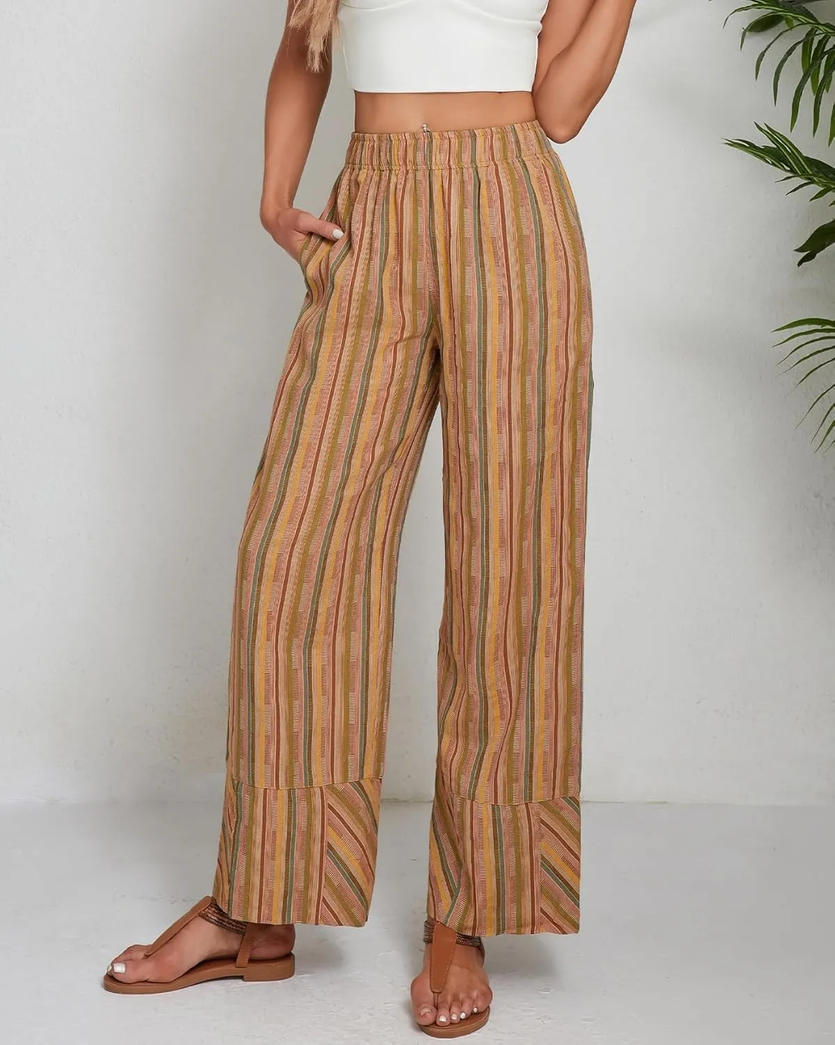 Striped Palazzo Pants for Women Summer Casual Elastic High Waisted Wide Leg Beach Pants Travel Vacation Outfits