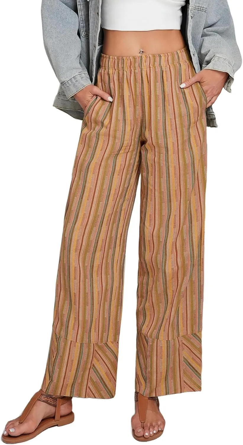 Striped Palazzo Pants for Women Summer Casual Elastic High Waisted Wide Leg Beach Pants Travel Vacation Outfits