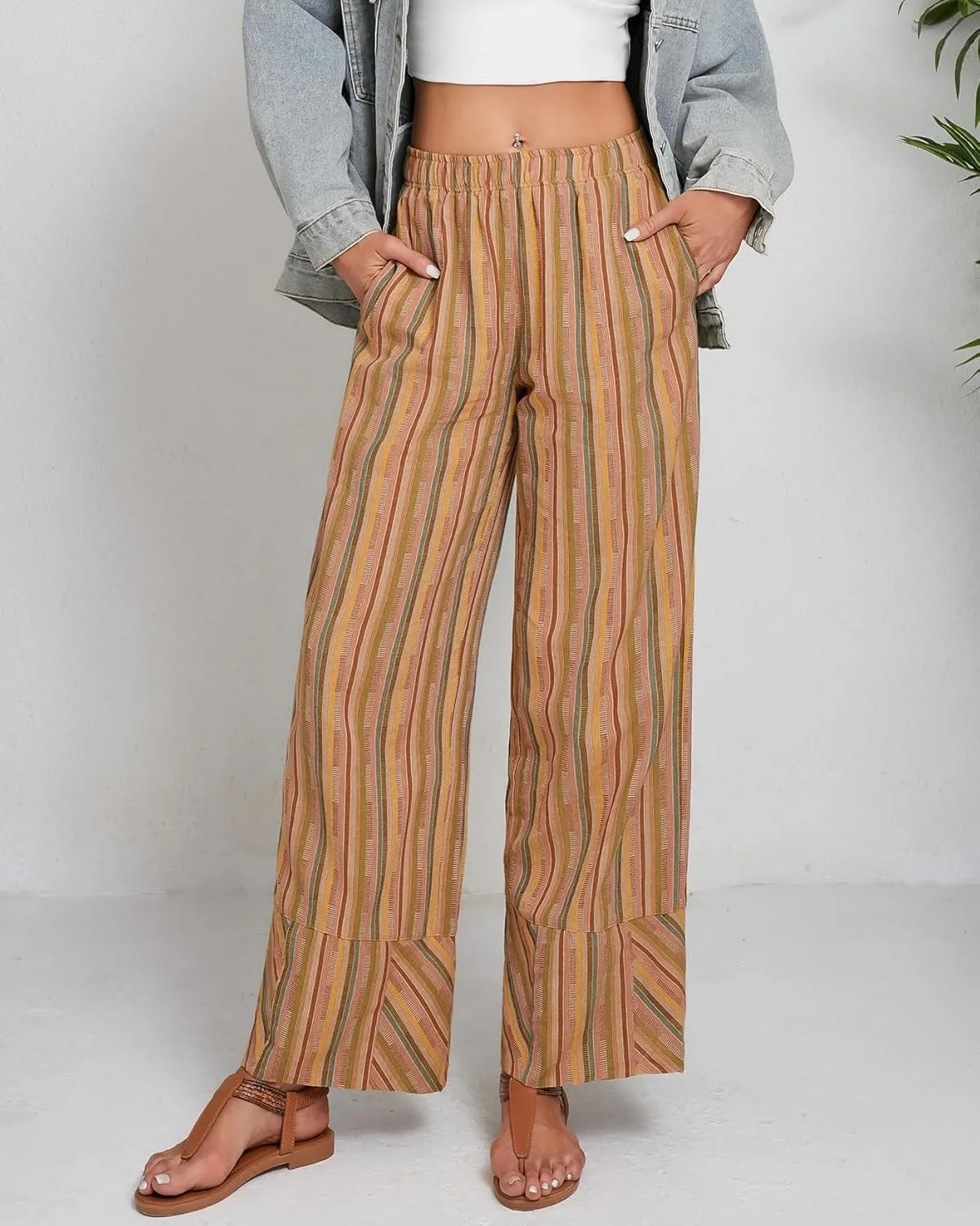 Striped Palazzo Pants for Women Summer Casual Elastic High Waisted Wide Leg Beach Pants Travel Vacation Outfits