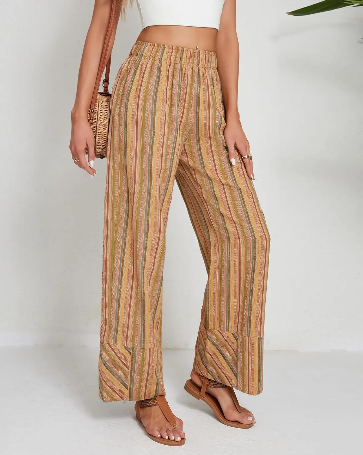 Striped Palazzo Pants for Women Summer Casual Elastic High Waisted Wide Leg Beach Pants Travel Vacation Outfits
