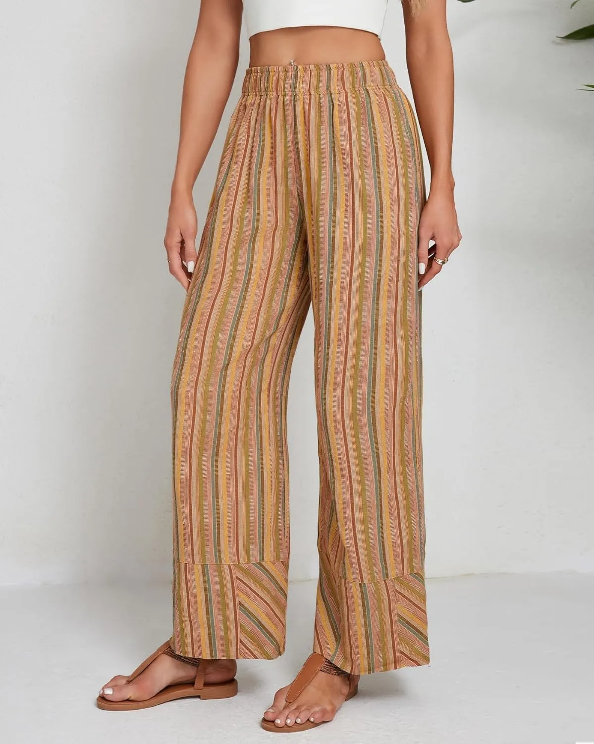 Striped Palazzo Pants for Women Summer Casual Elastic High Waisted Wide Leg Beach Pants Travel Vacation Outfits