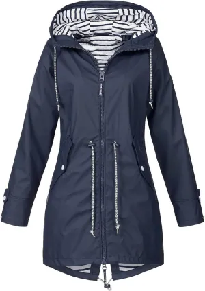 STYESH Raincoat Women Waterproof Long Hooded Trench Coats Striped Lined Windbreaker Travel Jacket Plus Size Raincoat Jackets