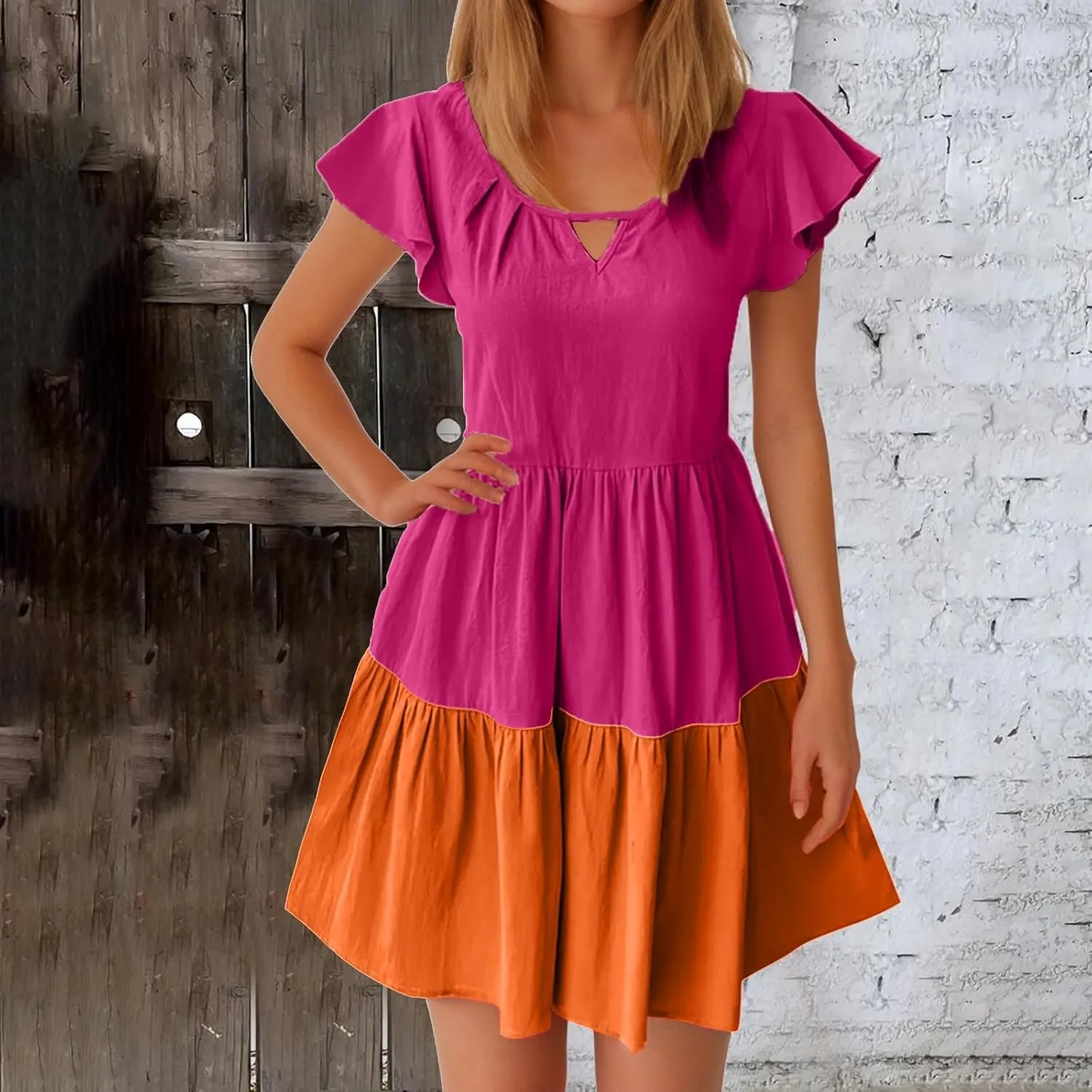 Summer Babydoll Dresses for Women Casual V Neck Ruffle Sleeve Cute Dress Beach Vacation Swing Mini Sundress
