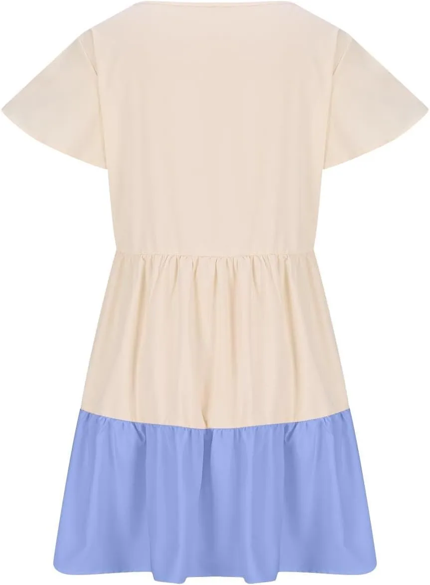 Summer Babydoll Dresses for Women Casual V Neck Ruffle Sleeve Cute Dress Beach Vacation Swing Mini Sundress
