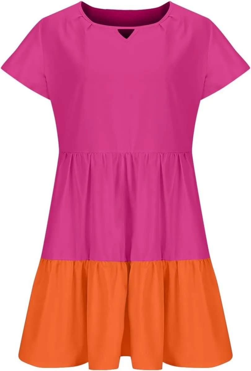 Summer Babydoll Dresses for Women Casual V Neck Ruffle Sleeve Cute Dress Beach Vacation Swing Mini Sundress