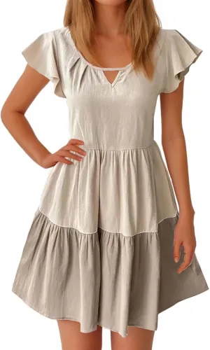 Summer Babydoll Dresses for Women Casual V Neck Ruffle Sleeve Cute Dress Beach Vacation Swing Mini Sundress