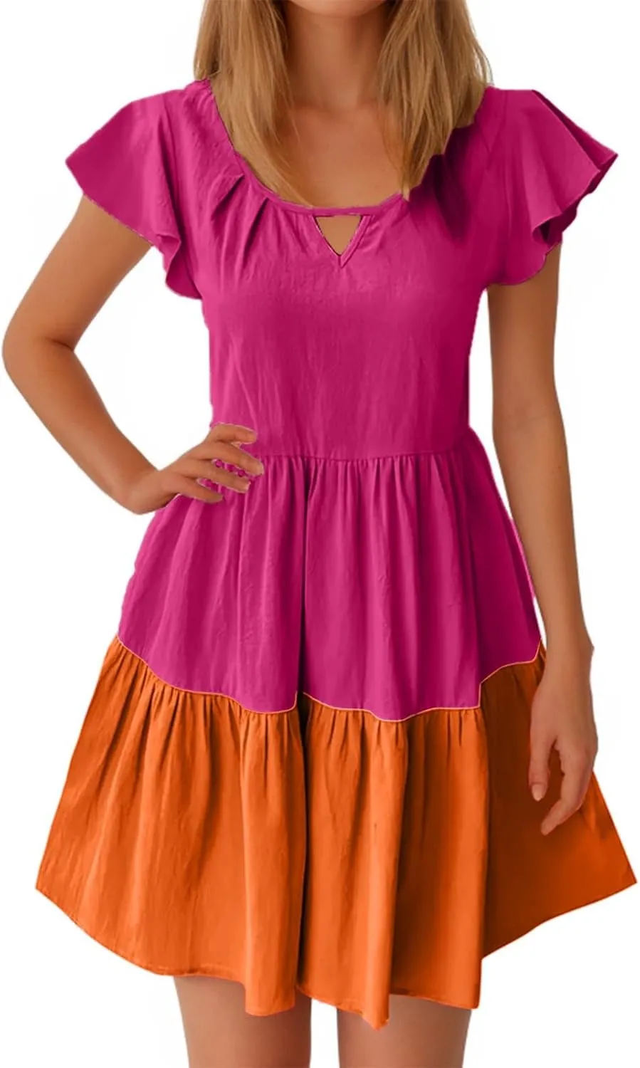 Summer Babydoll Dresses for Women Casual V Neck Ruffle Sleeve Cute Dress Beach Vacation Swing Mini Sundress