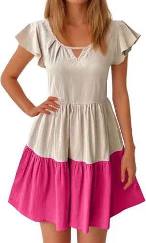 Summer Babydoll Dresses for Women Casual V Neck Ruffle Sleeve Cute Dress Beach Vacation Swing Mini Sundress