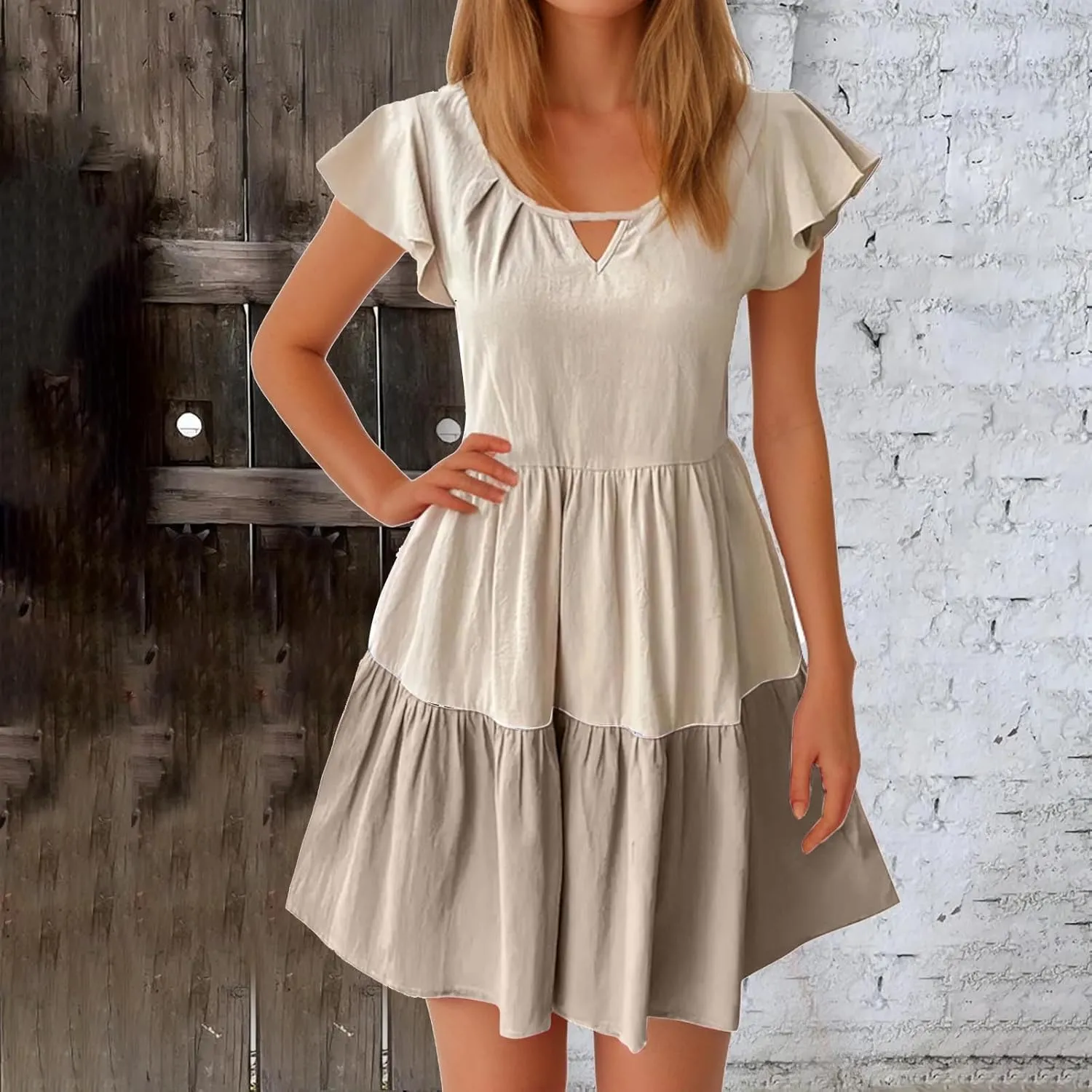 Summer Babydoll Dresses for Women Casual V Neck Ruffle Sleeve Cute Dress Beach Vacation Swing Mini Sundress
