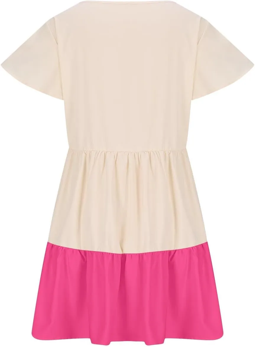 Summer Babydoll Dresses for Women Casual V Neck Ruffle Sleeve Cute Dress Beach Vacation Swing Mini Sundress