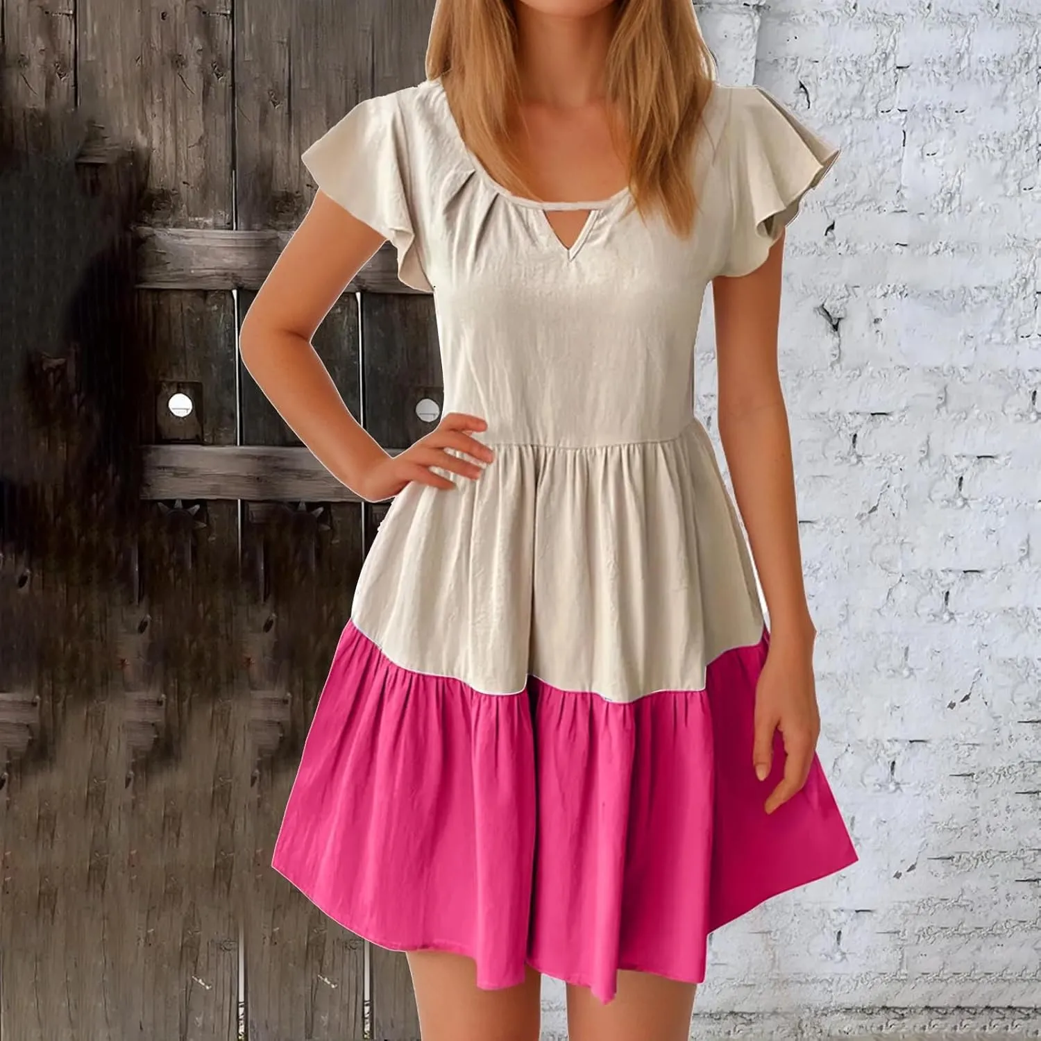 Summer Babydoll Dresses for Women Casual V Neck Ruffle Sleeve Cute Dress Beach Vacation Swing Mini Sundress