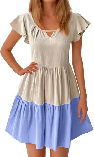 Summer Babydoll Dresses for Women Casual V Neck Ruffle Sleeve Cute Dress Beach Vacation Swing Mini Sundress