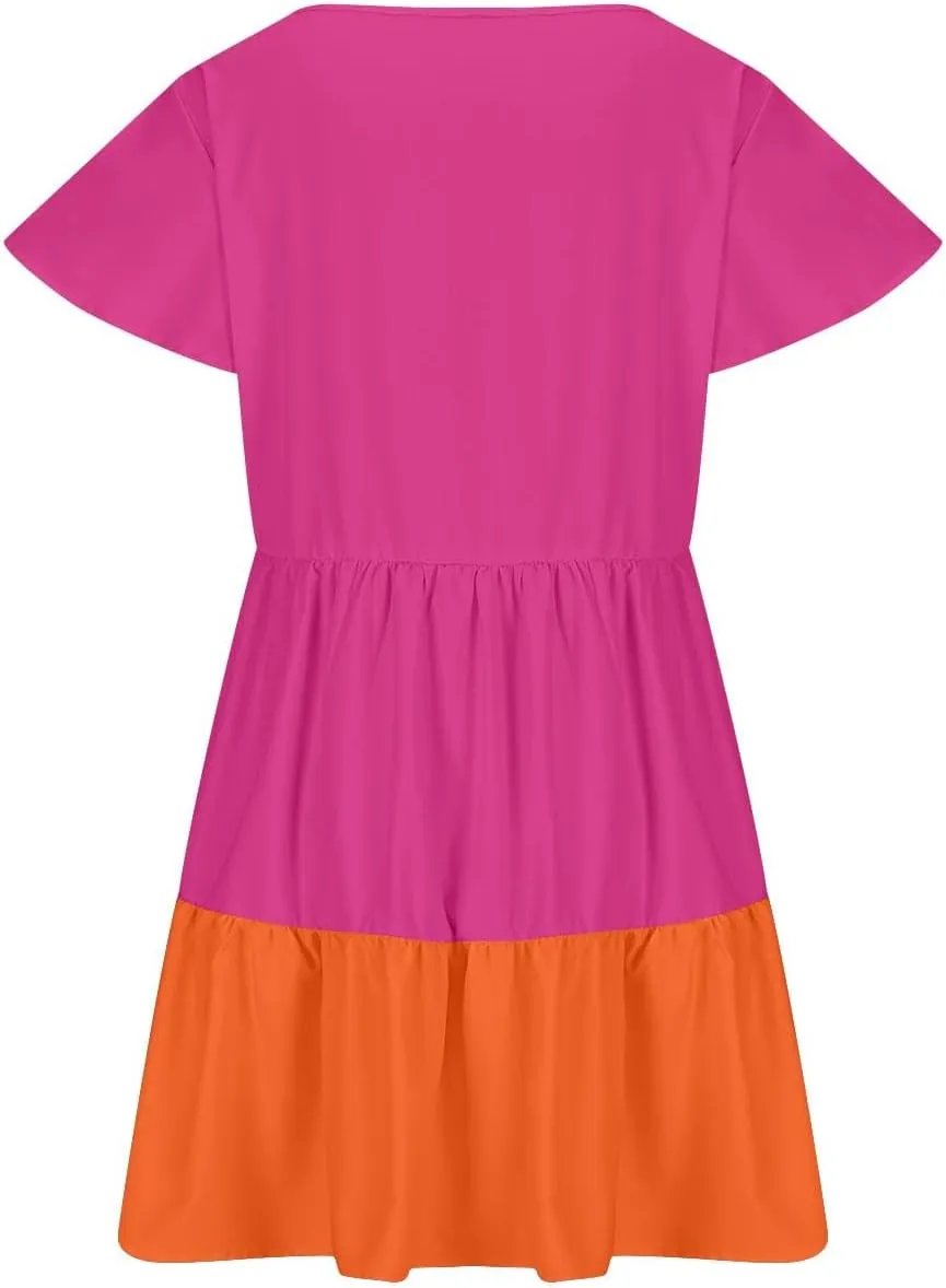 Summer Babydoll Dresses for Women Casual V Neck Ruffle Sleeve Cute Dress Beach Vacation Swing Mini Sundress
