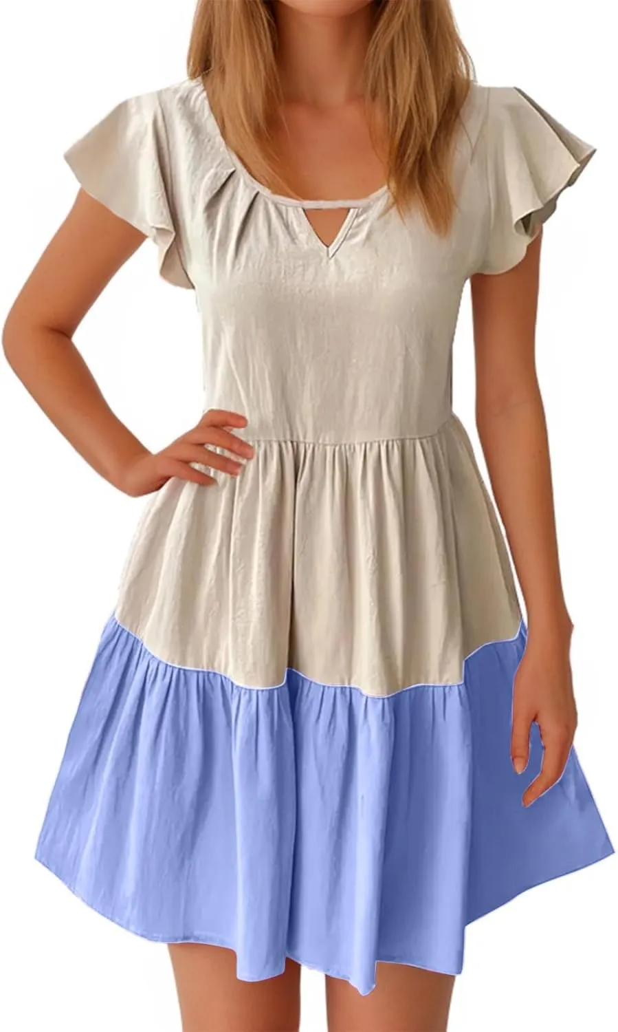 Summer Babydoll Dresses for Women Casual V Neck Ruffle Sleeve Cute Dress Beach Vacation Swing Mini Sundress