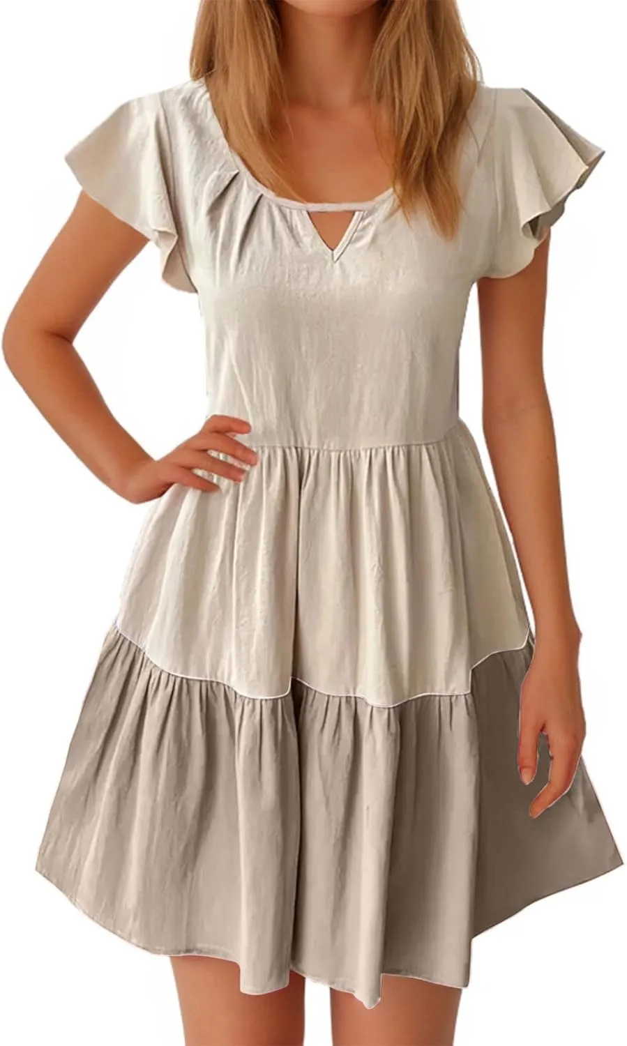 Summer Babydoll Dresses for Women Casual V Neck Ruffle Sleeve Cute Dress Beach Vacation Swing Mini Sundress