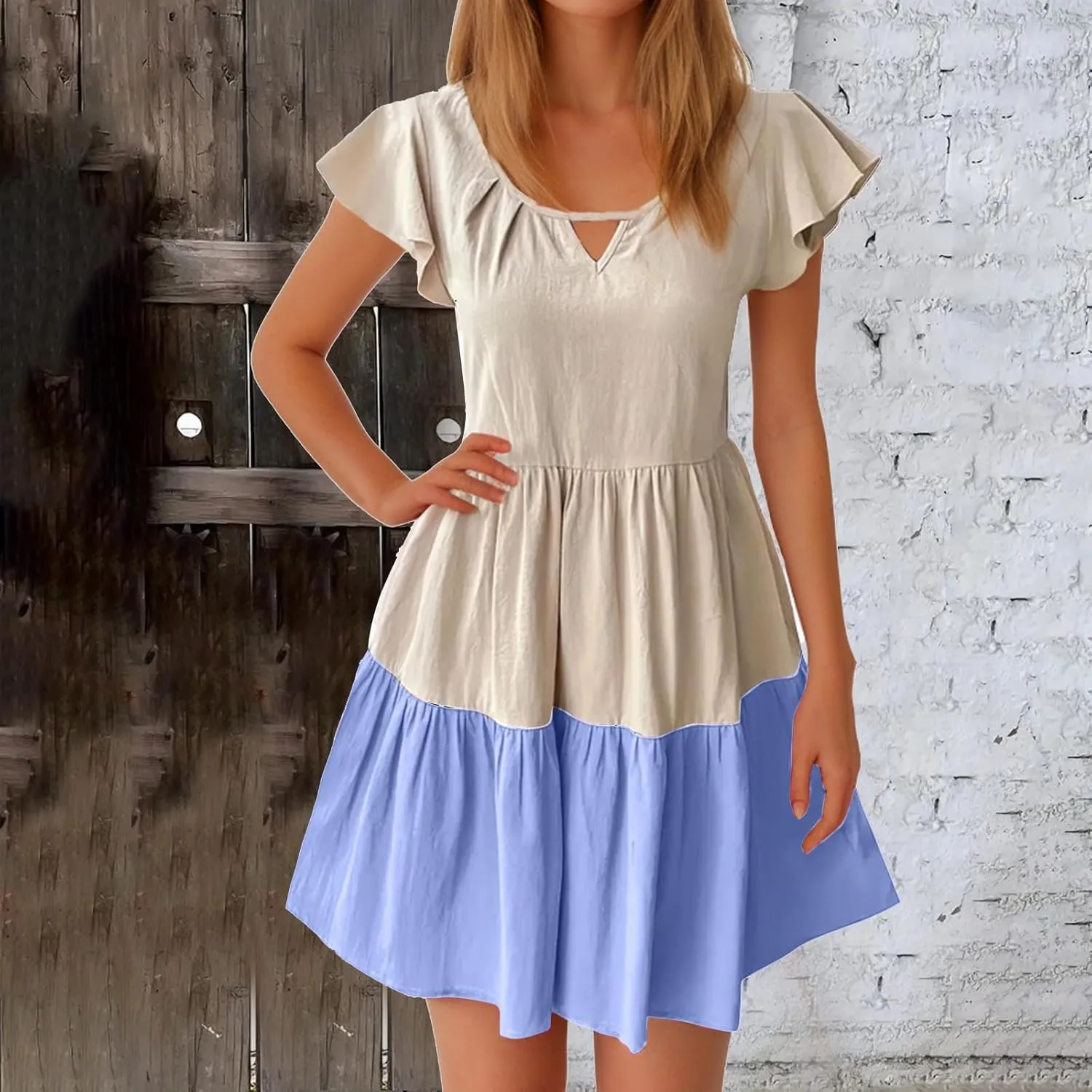 Summer Babydoll Dresses for Women Casual V Neck Ruffle Sleeve Cute Dress Beach Vacation Swing Mini Sundress