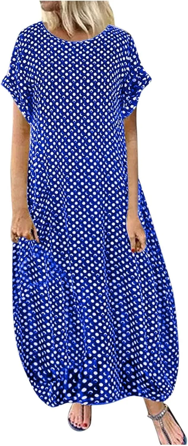 Summer Beach Sundress Casual Flowy Boho Maxi Dress V Neck Sleeveless Tiered Ruffle with Pockets Elastic Waist