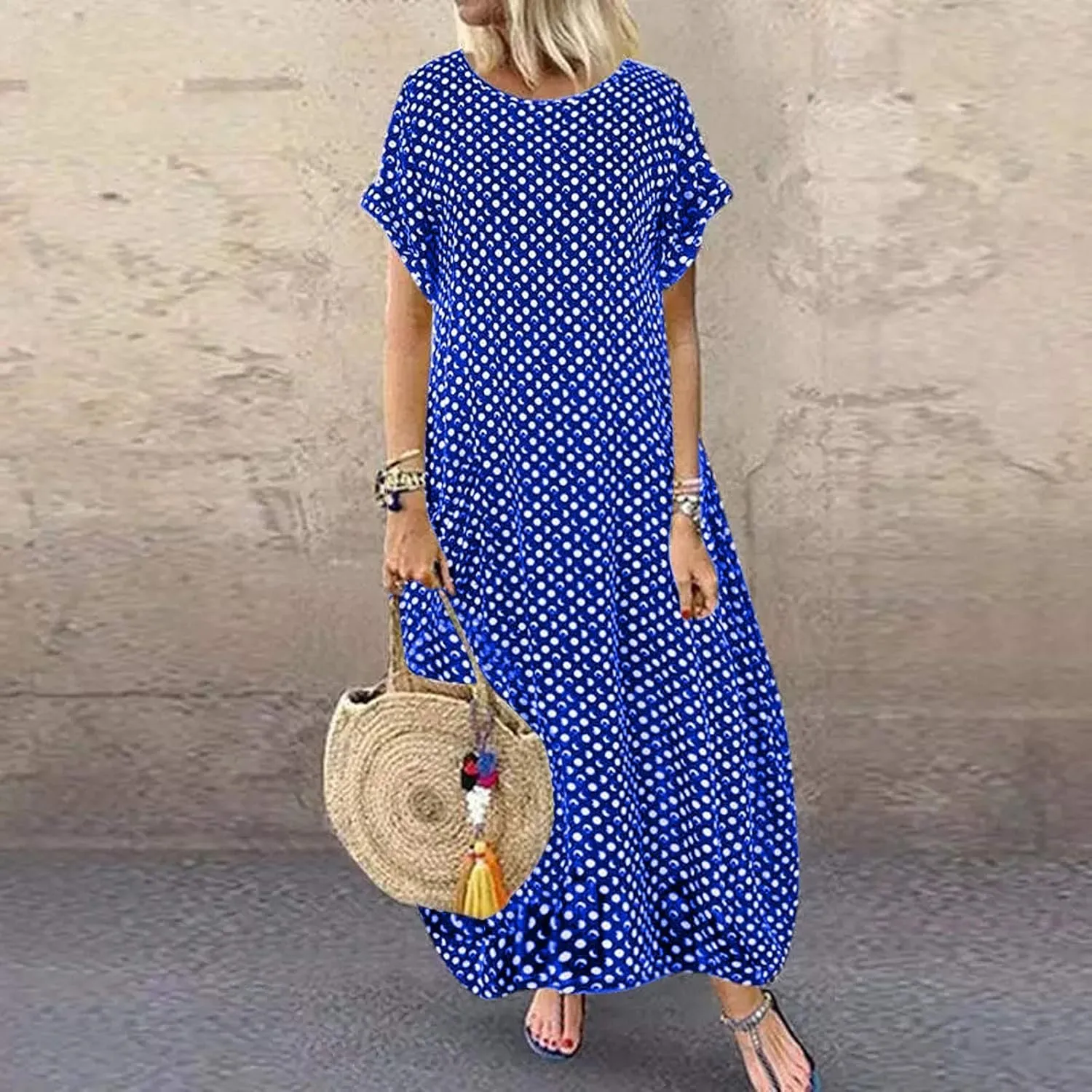 Summer Beach Sundress Casual Flowy Boho Maxi Dress V Neck Sleeveless Tiered Ruffle with Pockets Elastic Waist