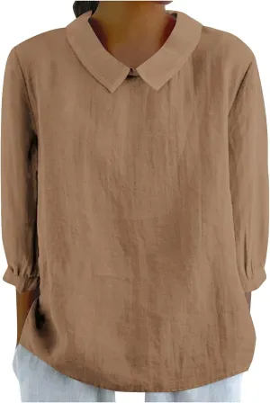 Summer Cotton Linen Gauze Shirts Comfy Breathable Lounge Top Loose 3/4 Sleeve Lapel T Shirt Plain Blouse Plus Size