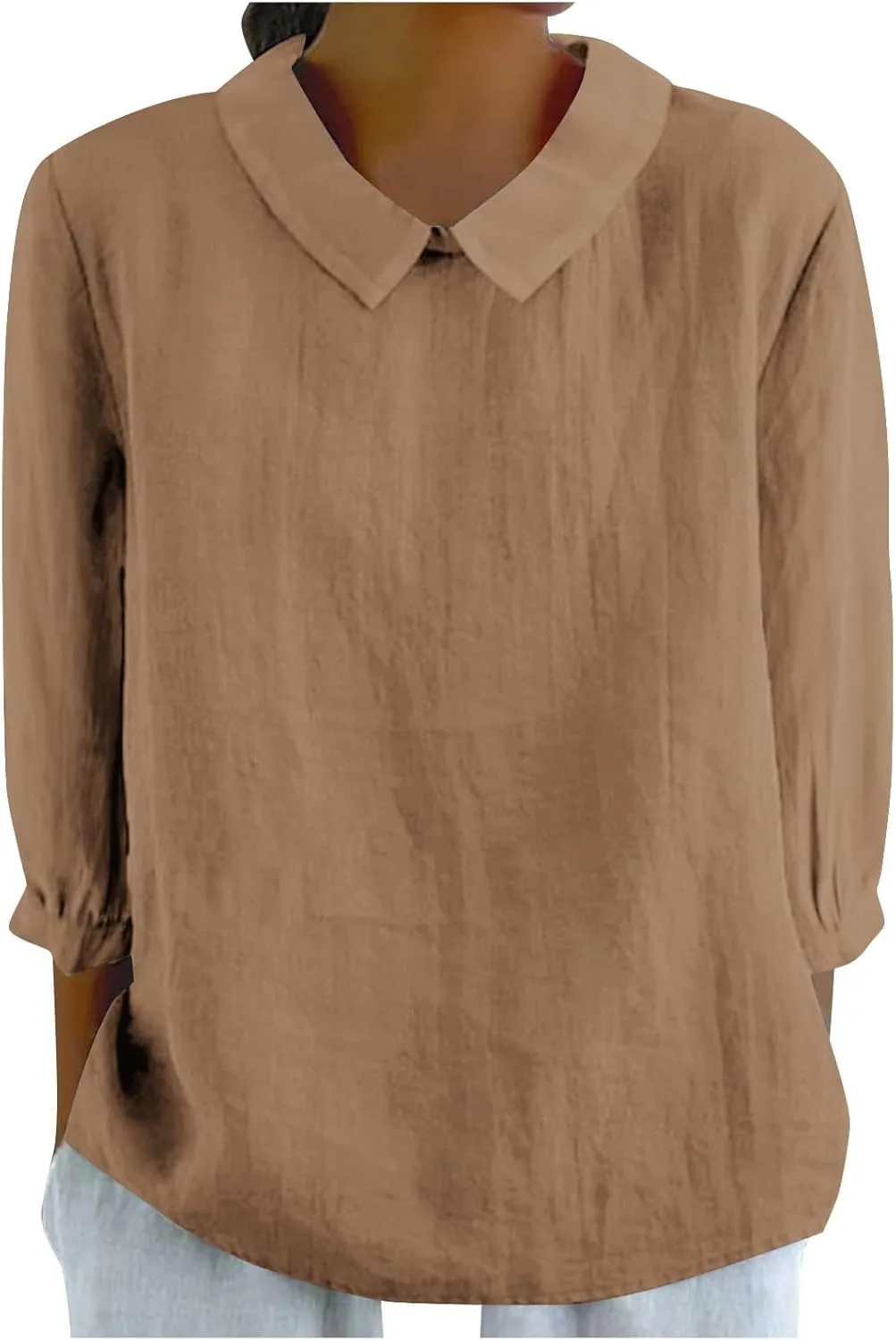 Summer Cotton Linen Gauze Shirts Comfy Breathable Lounge Top Loose 3/4 Sleeve Lapel T Shirt Plain Blouse Plus Size