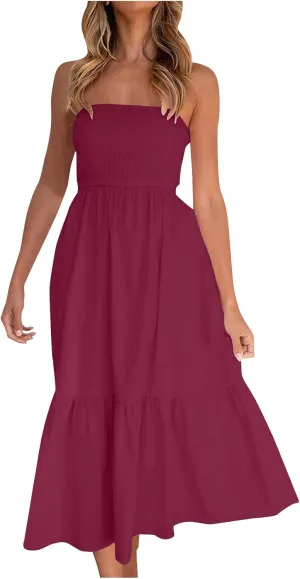 Summer Dresses for Women 2023 Trendy Elastic Tube Top Dress Tiered Ruffle Floral Boho Sun Dress Flowy Beach Maxi Dress