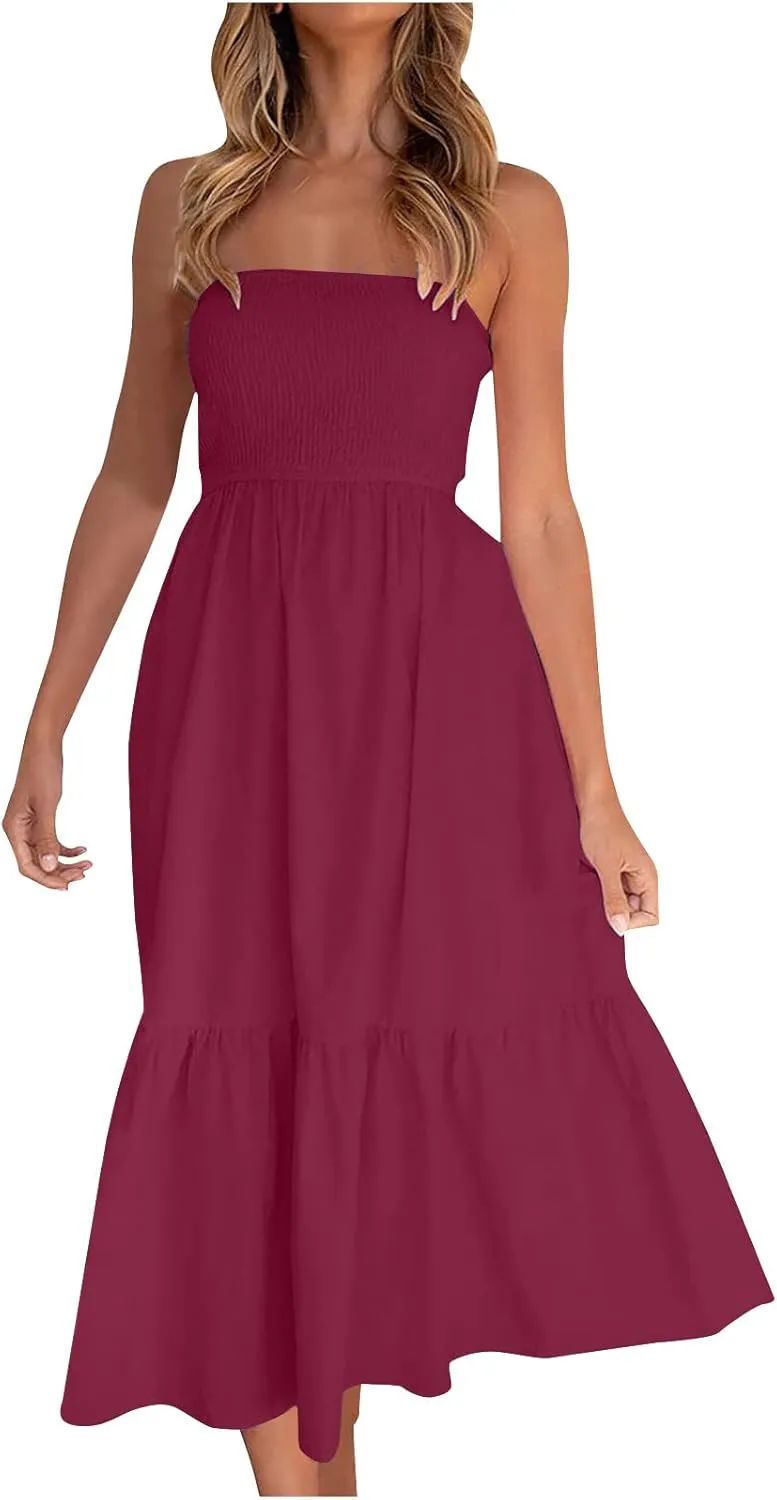 Summer Dresses for Women 2023 Trendy Elastic Tube Top Dress Tiered Ruffle Floral Boho Sun Dress Flowy Beach Maxi Dress