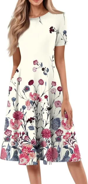 Summer Dresses for Women 2025 Beach Vacation Crewneck Short Sleeve Elegant A Line Dress Side Pockets Midi Sun Dress