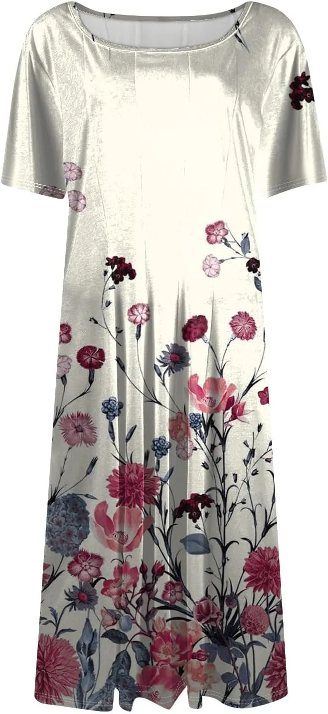 Summer Dresses for Women 2025 Beach Vacation Crewneck Short Sleeve Elegant A Line Dress Side Pockets Midi Sun Dress