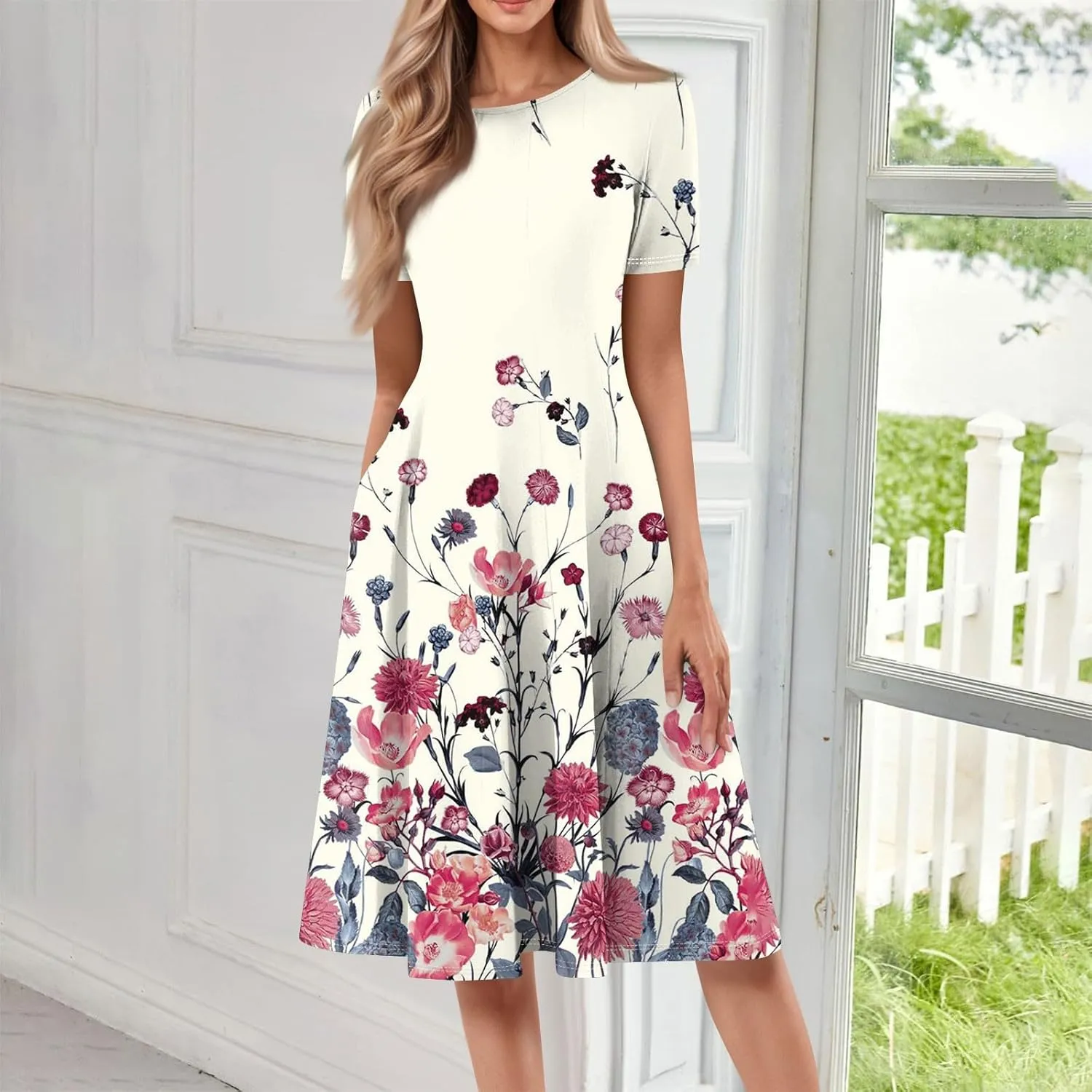 Summer Dresses for Women 2025 Beach Vacation Crewneck Short Sleeve Elegant A Line Dress Side Pockets Midi Sun Dress