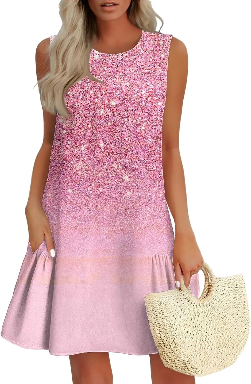 Summer Dresses for Women 2025 Beach Vacation Spring Clothes Sleeveless Round Neck Casual Sun Dress