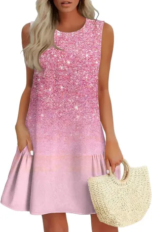 Summer Dresses for Women 2025 Beach Vacation Spring Clothes Sleeveless Round Neck Casual Sun Dress