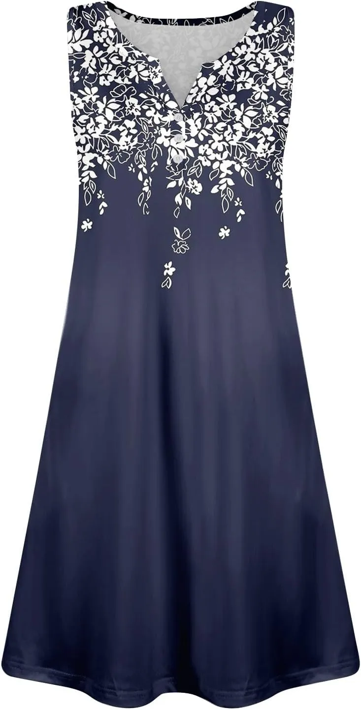 Summer Dresses for Women 2025 Casual Cute Print Sundresses Sleeveless Button Tshirt Dresses
