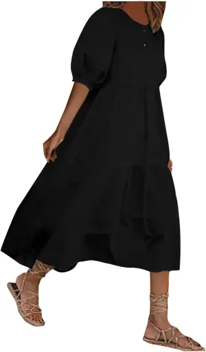 Summer Dresses for Women 2025 Casual Short Sleeve Solid Sundress Fashion Loose Round Neck Cotton Linen Dress