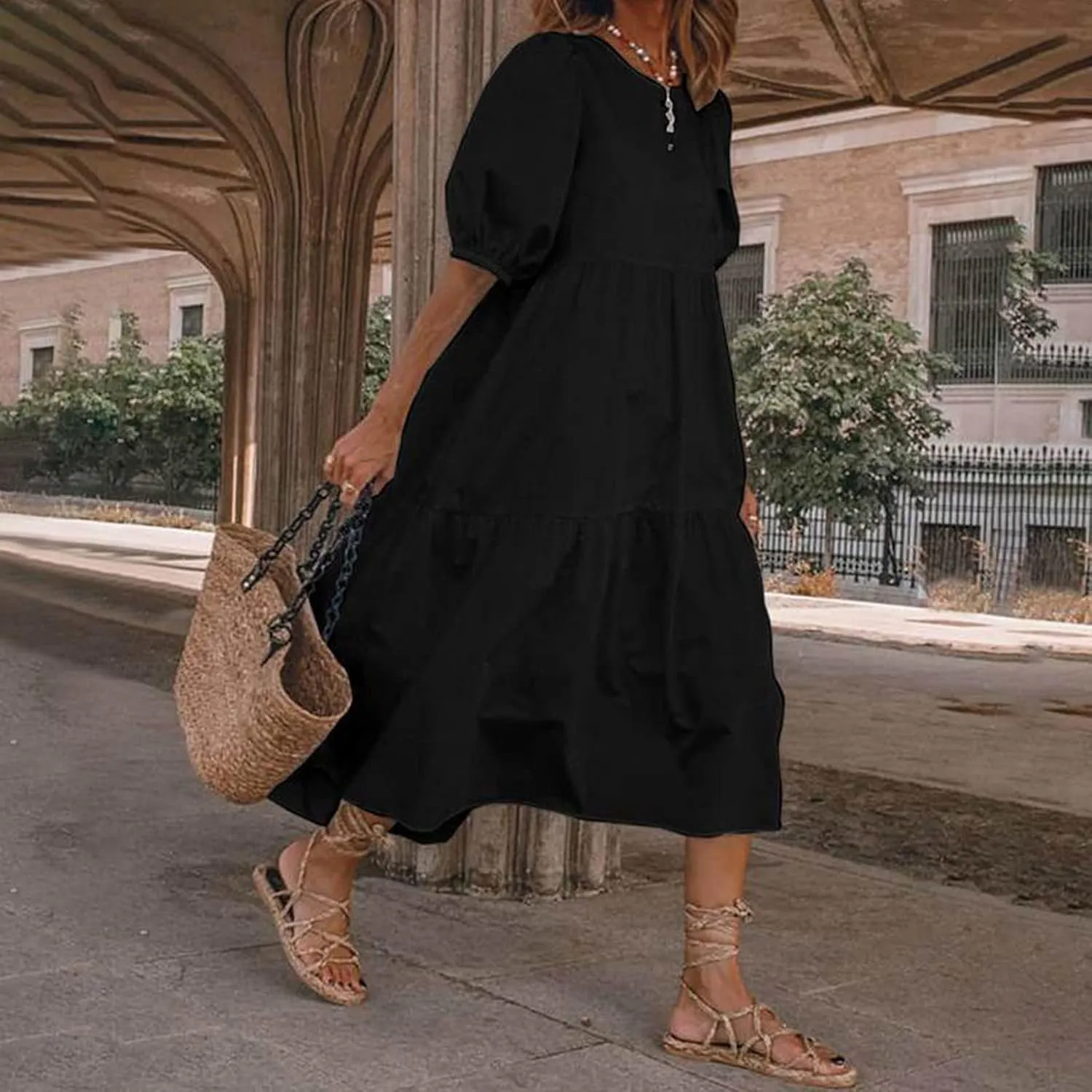 Summer Dresses for Women 2025 Casual Short Sleeve Solid Sundress Fashion Loose Round Neck Cotton Linen Dress