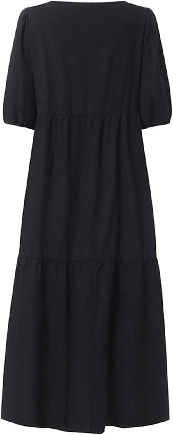 Summer Dresses for Women 2025 Casual Short Sleeve Solid Sundress Fashion Loose Round Neck Cotton Linen Dress