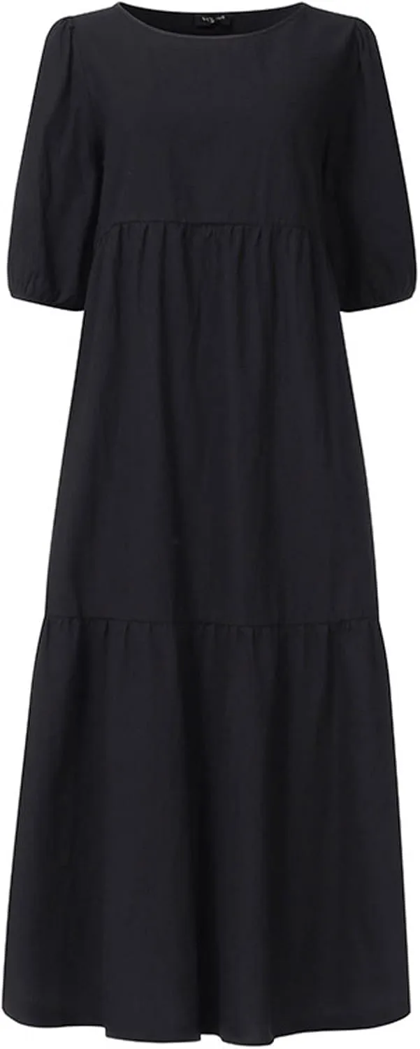 Summer Dresses for Women 2025 Casual Short Sleeve Solid Sundress Fashion Loose Round Neck Cotton Linen Dress