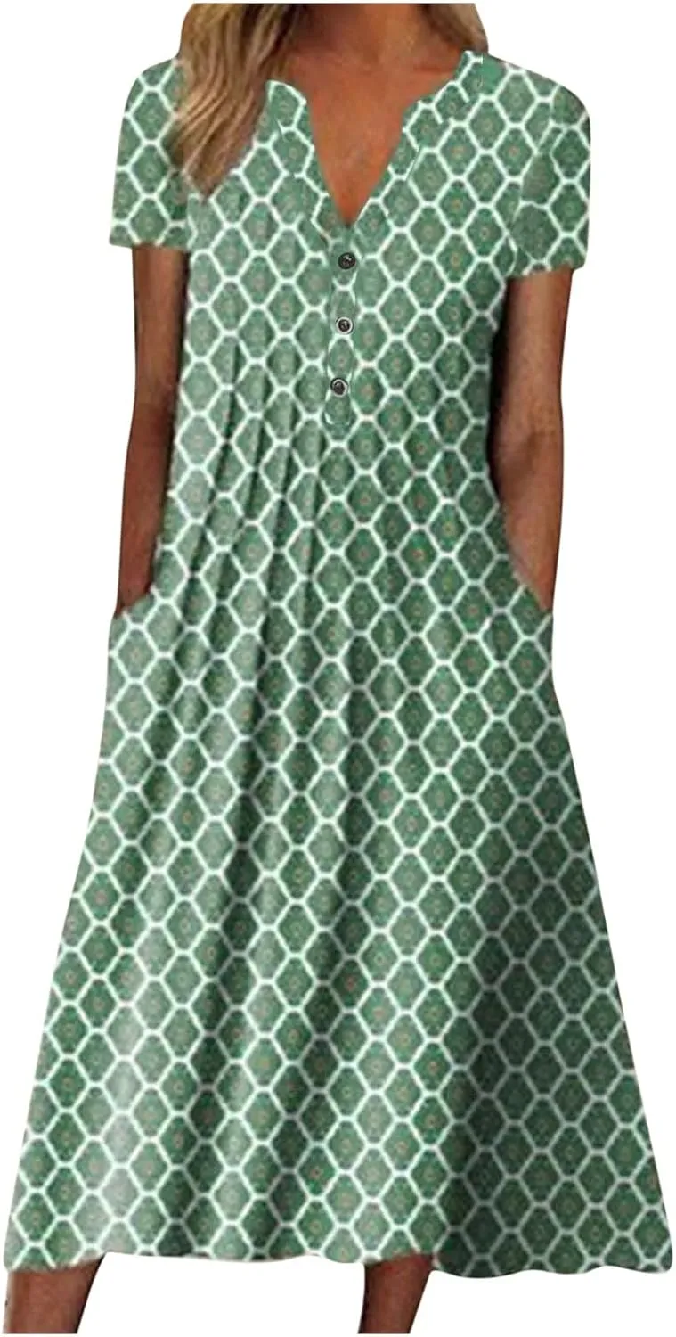 Summer Dresses for Women 2025 Floral Dress Midi Dresses Casual Spring Dresses Pleated Tshirts Dress with Pocket Dress