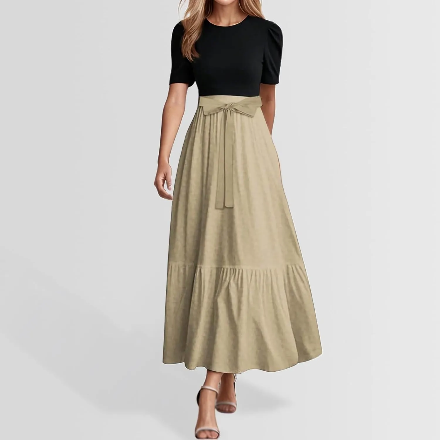 Summer Dresses for Women 2025 Floral Print Wrap Short Sleeve Maxi Dress Boho Tie Belted Patchwork Ruffle Hem A Line Dress