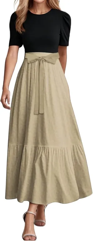 Summer Dresses for Women 2025 Floral Print Wrap Short Sleeve Maxi Dress Boho Tie Belted Patchwork Ruffle Hem A Line Dress