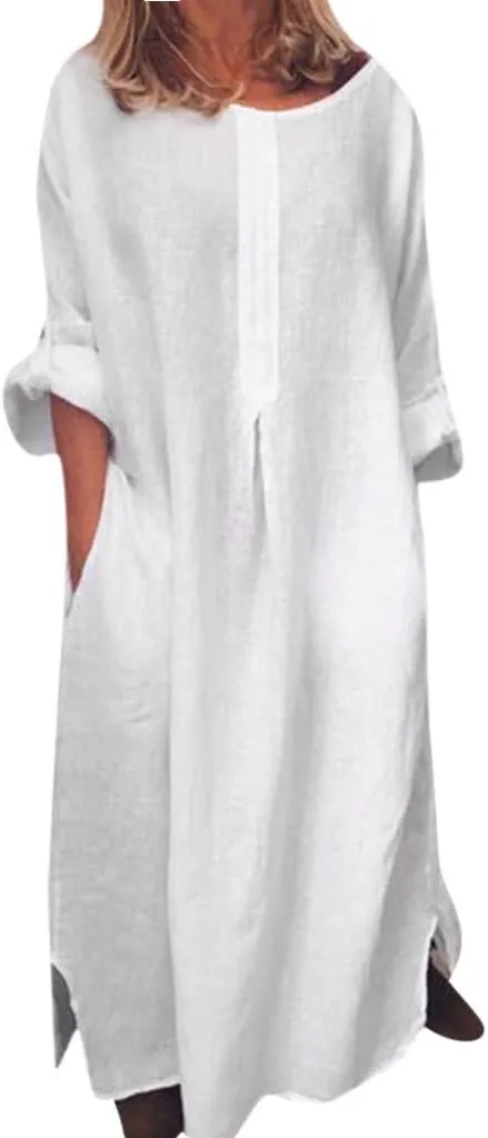 Summer Dresses for Women 2025,Women's Casual Baggy Maxi Dress 3/4 Sleeve Crewneck Slit Shift Beach Dress with Pockets