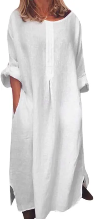 Summer Dresses for Women 2025,Women's Casual Baggy Maxi Dress 3/4 Sleeve Crewneck Slit Shift Beach Dress with Pockets
