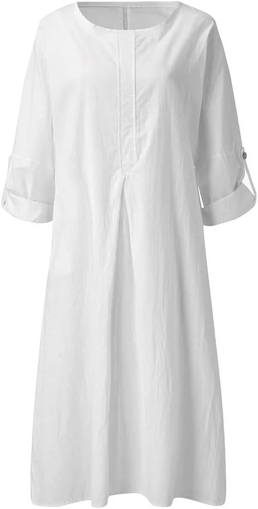 Summer Dresses for Women 2025,Women's Casual Baggy Maxi Dress 3/4 Sleeve Crewneck Slit Shift Beach Dress with Pockets