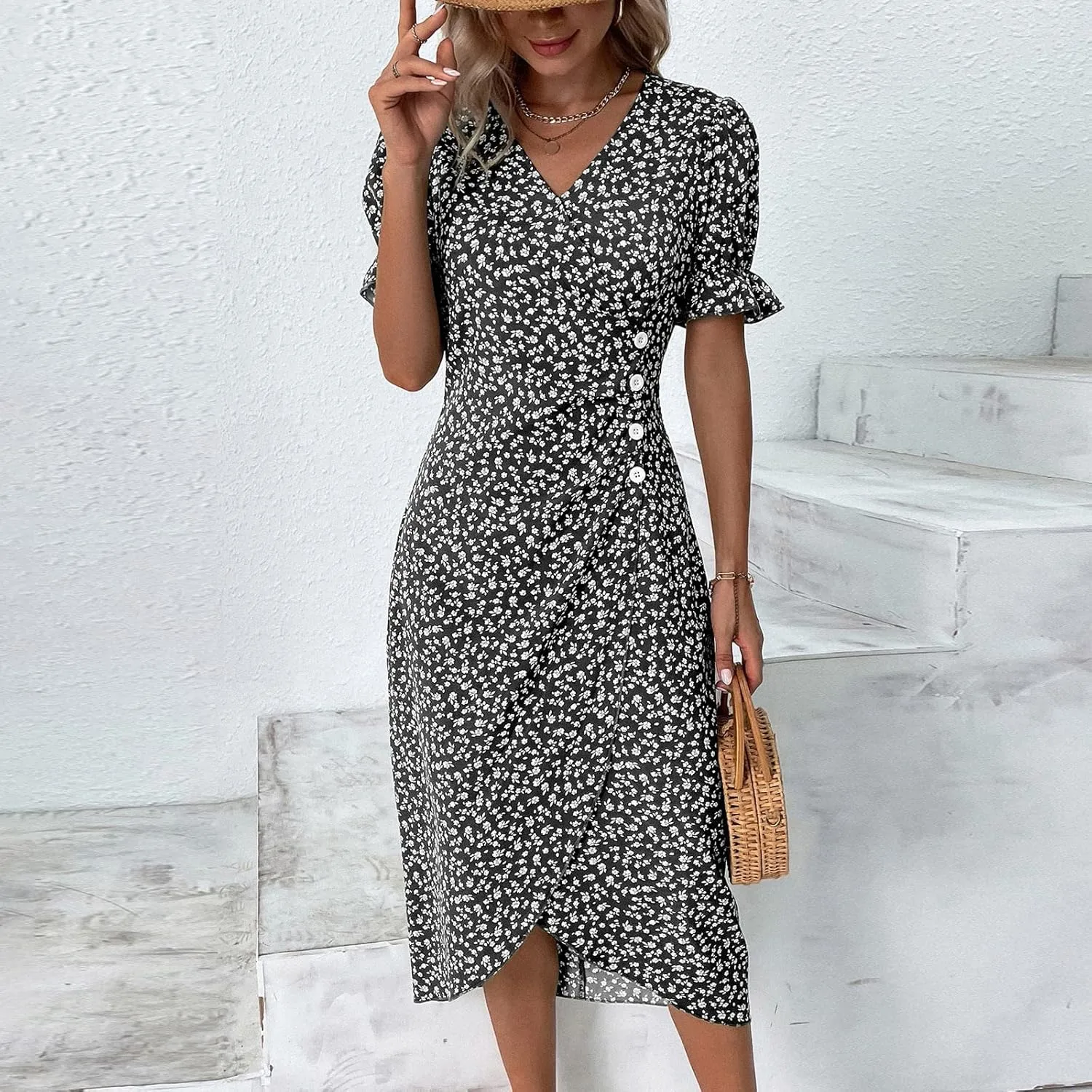 Summer Dresses for Women Trendy Wrap V Neck Puff Short Sleeve Floral Boho Dress Flowy Ruched Hawaiian Beach Midi Dersses