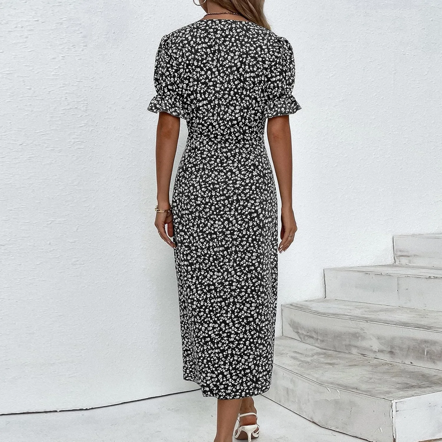 Summer Dresses for Women Trendy Wrap V Neck Puff Short Sleeve Floral Boho Dress Flowy Ruched Hawaiian Beach Midi Dersses