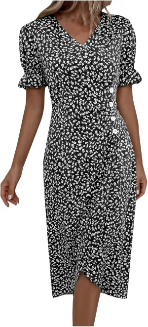 Summer Dresses for Women Trendy Wrap V Neck Puff Short Sleeve Floral Boho Dress Flowy Ruched Hawaiian Beach Midi Dersses