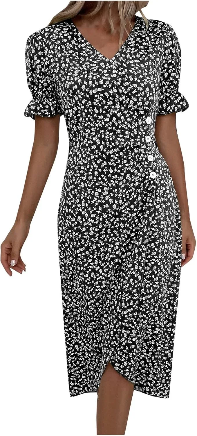 Summer Dresses for Women Trendy Wrap V Neck Puff Short Sleeve Floral Boho Dress Flowy Ruched Hawaiian Beach Midi Dersses