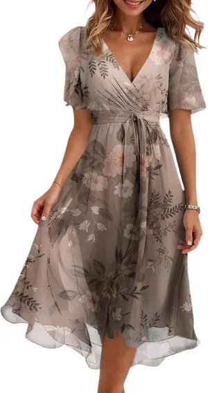 Summer Floral Dresses for Women 2025 Midi Chiffon Dresses Wedding Guest Dress V Neck Short Sleeve Tie Waist Ruffled Hem