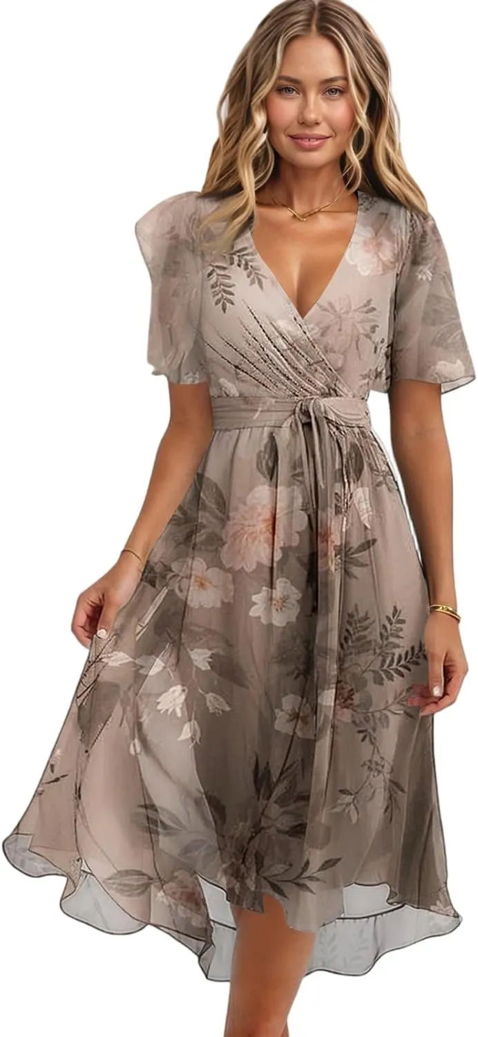 Summer Floral Dresses for Women 2025 Midi Chiffon Dresses Wedding Guest Dress V Neck Short Sleeve Tie Waist Ruffled Hem