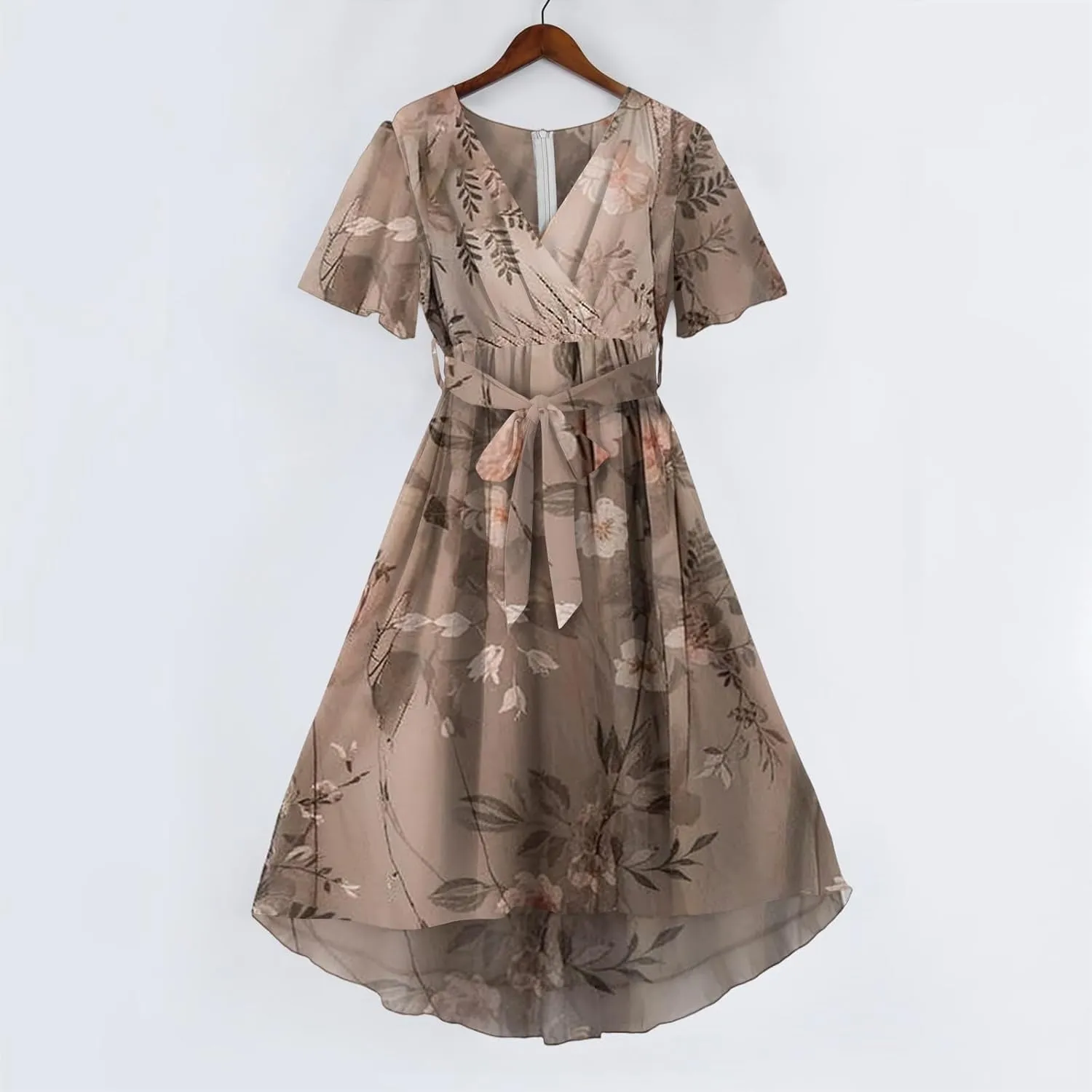 Summer Floral Dresses for Women 2025 Midi Chiffon Dresses Wedding Guest Dress V Neck Short Sleeve Tie Waist Ruffled Hem
